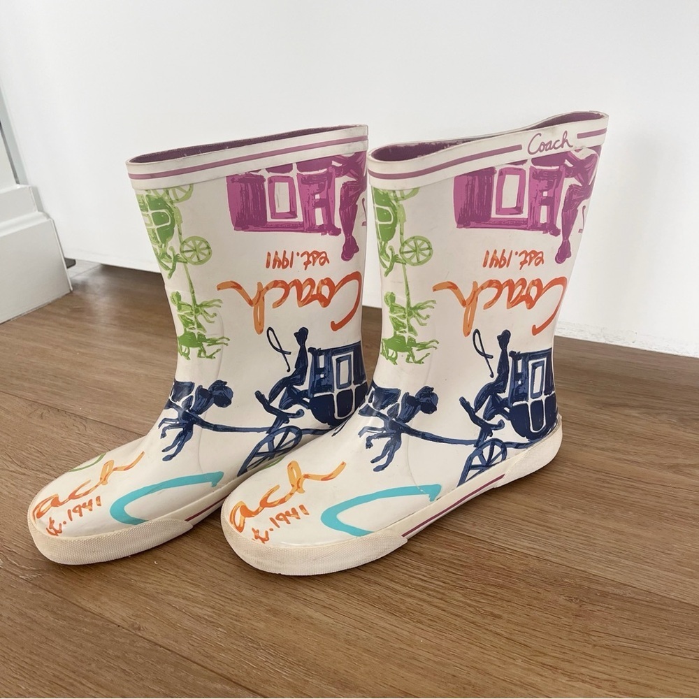 Coach Multicolor Rain Boots Equestrian Horse Carriage Logo Rubber Boots Size 6 - Picture 2 of 11